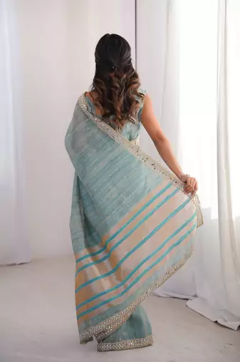 sky blue jari dori embroidery cotton saree with mirror work