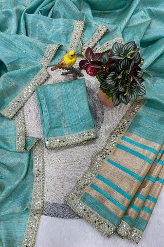 sky blue jari dori embroidery cotton saree with mirror work