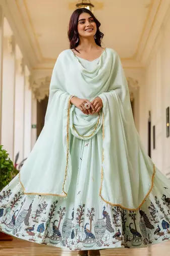 mint green chinnon silk salwar kameez with sequins work
