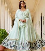 Mint Green Chinnon Silk Embroidery Work WEdding Wear Long Gown