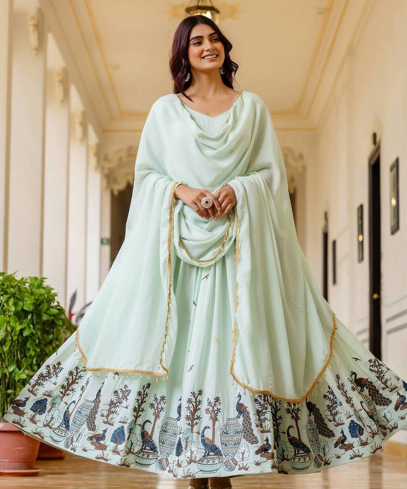 Mint Green Chinnon Silk Embroidery Work WEdding Wear Long Gown