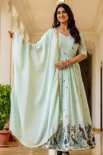 mint green chinnon silk salwar kameez with sequins work
