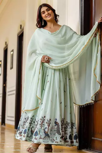 mint green chinnon silk salwar kameez with sequins work
