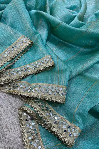 sky blue jari dori embroidery cotton saree with mirror work