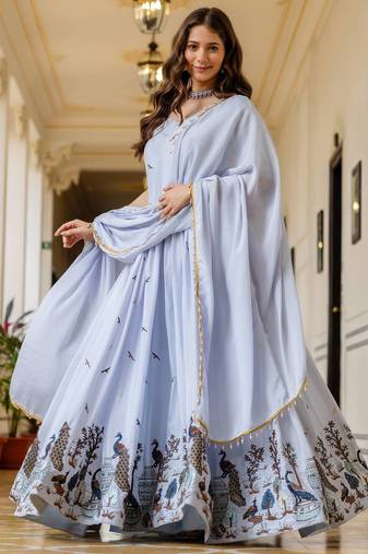 Lavender Chinnon Silk Embroidery Work WEdding Wear Long Gown