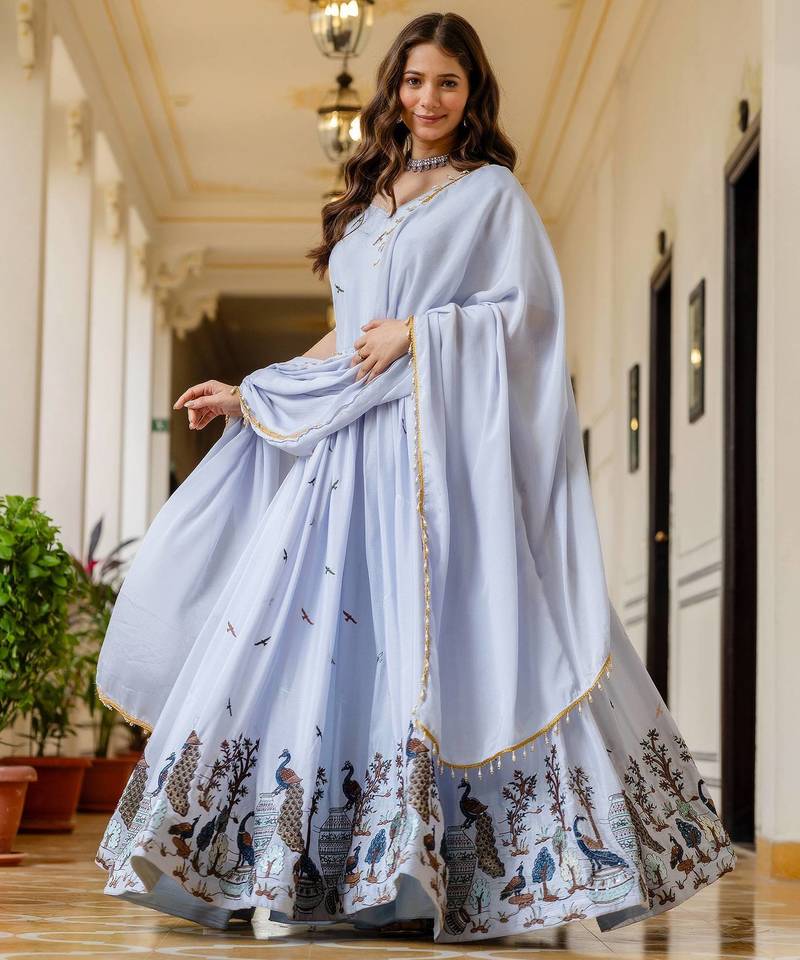 Lavender Chinnon Silk Embroidery Work WEdding Wear Long Gown