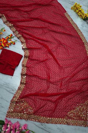 red georgette saree with jari and sequins work