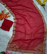 red georgette saree with jari and sequins work