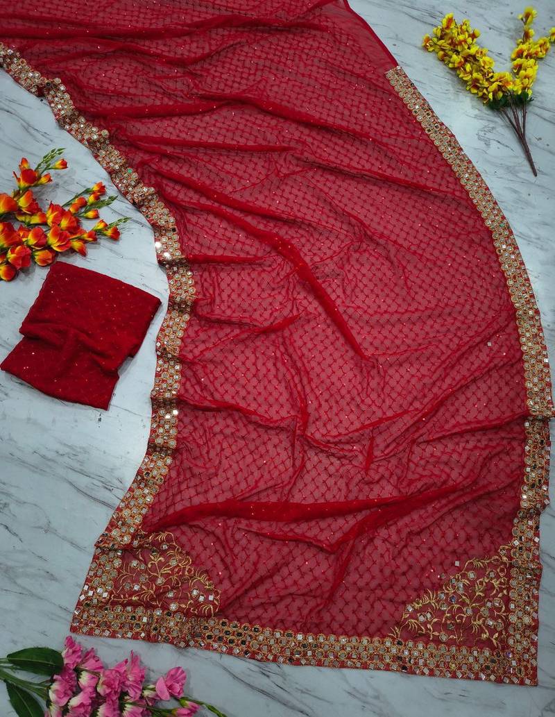 Red Color Jari And Sequins Work Georgette Saree
