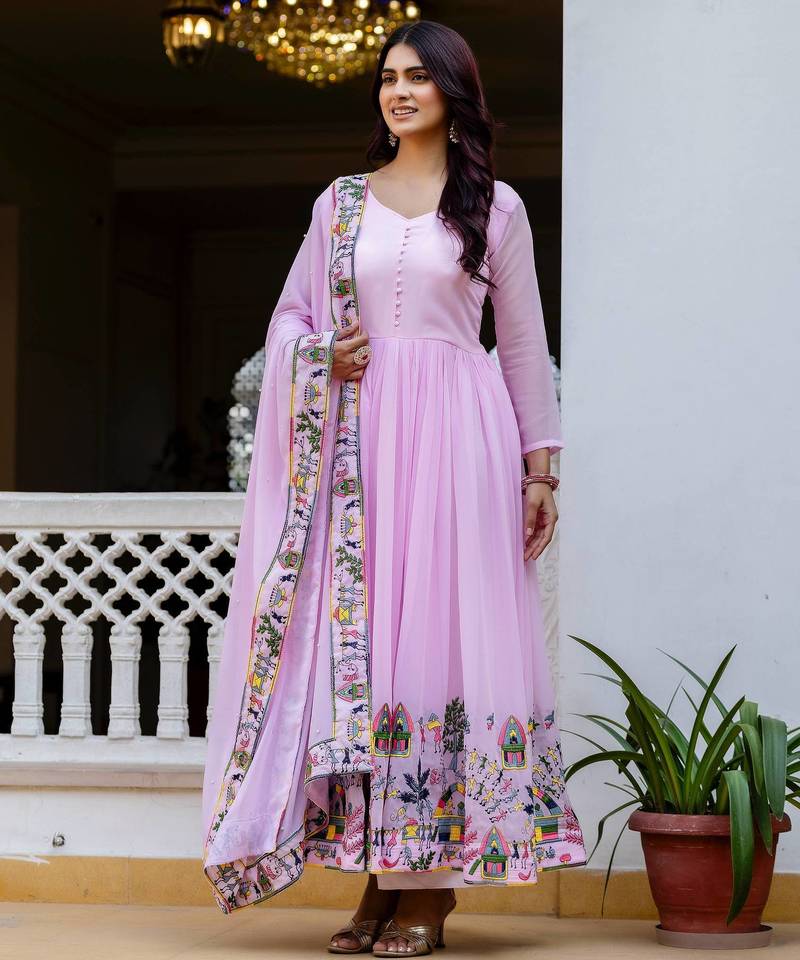 Pink Color Faux georgette Embroidery Work Designer Wedding Wear Gown