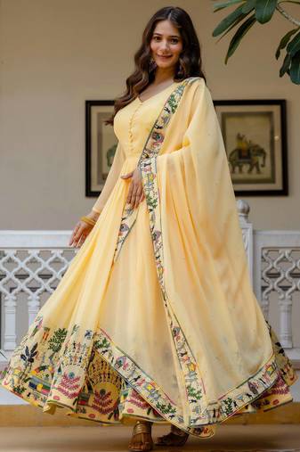 Yellow Color Faux georgette Embroidery Work Designer Wedding Wear Gown