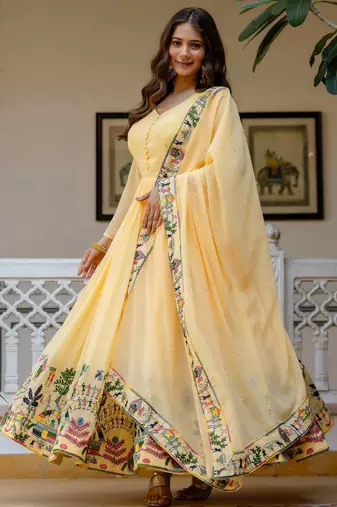 yellow faux georgette salwar kameez with embroidery