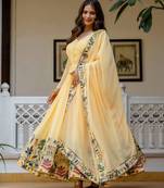 yellow faux georgette salwar kameez with embroidery