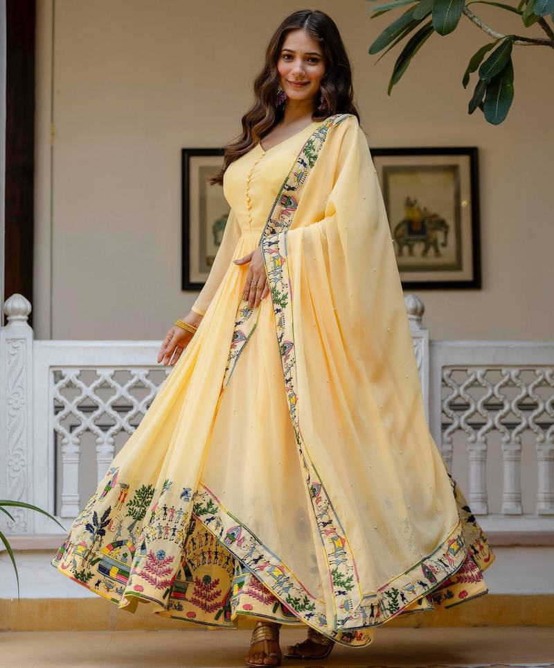 Yellow Color Faux georgette Embroidery Work Designer Wedding Wear Gown