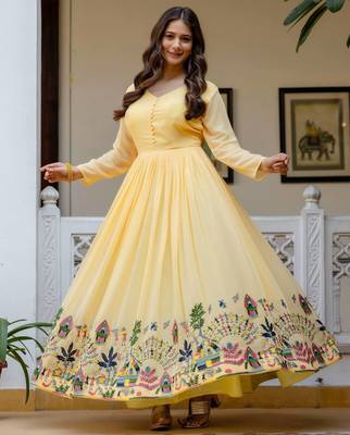 yellow faux georgette salwar kameez with embroidery 3