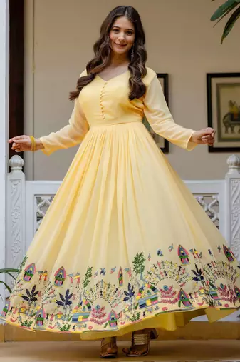 yellow faux georgette salwar kameez with embroidery