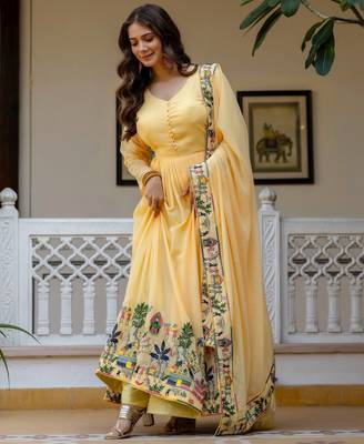 yellow faux georgette salwar kameez with embroidery 4