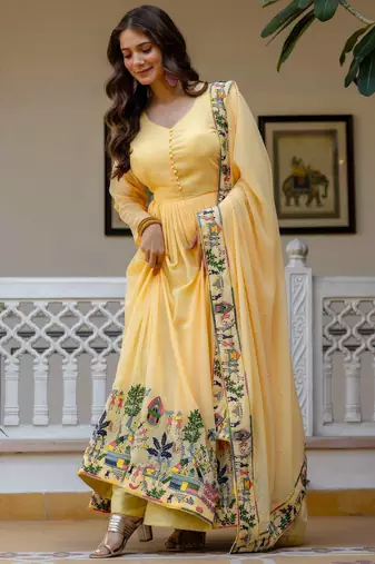 yellow faux georgette salwar kameez with embroidery