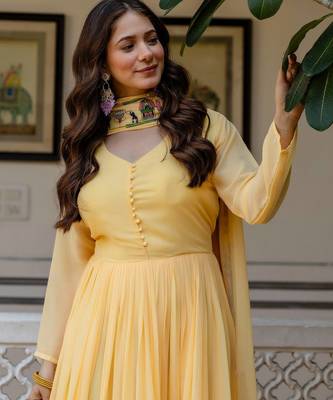 yellow faux georgette salwar kameez with embroidery 5