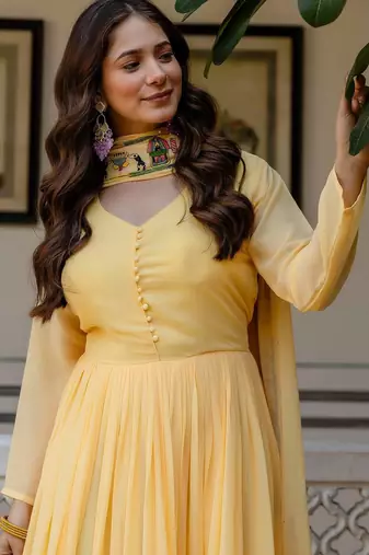yellow faux georgette salwar kameez with embroidery