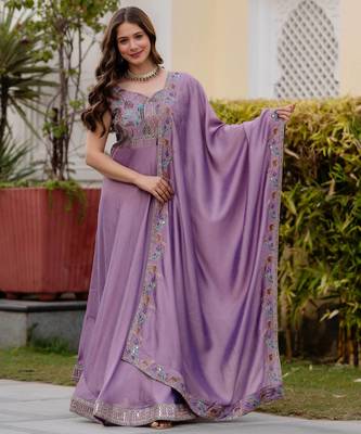 lavender vichitra silk gown with embroidery work 1
