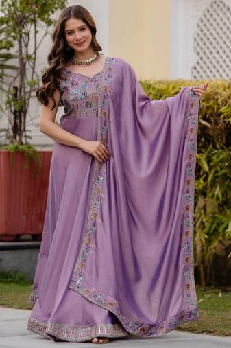 Lavender Color Vichitra Silk Designer party WEar Gown