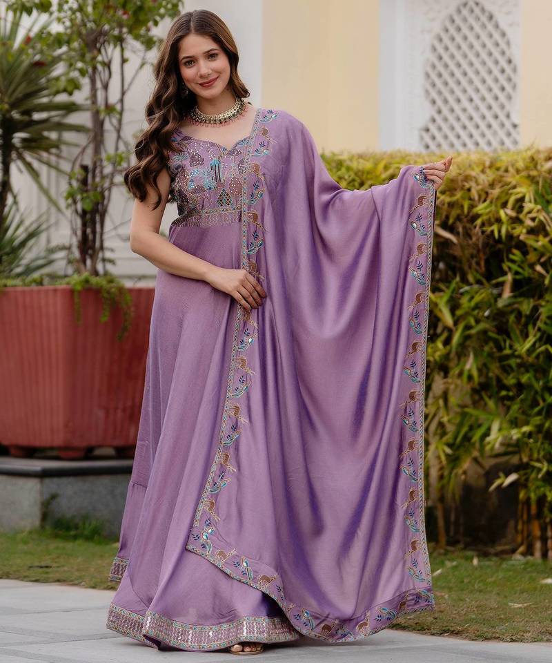 Lavender Color Vichitra Silk Designer party WEar Gown
