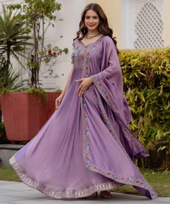 lavender vichitra silk gown with embroidery work 2