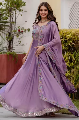 lavender vichitra silk gown with embroidery work
