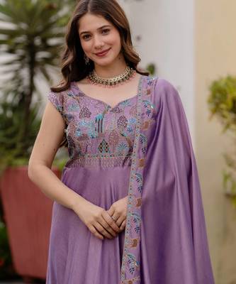 lavender vichitra silk gown with embroidery work 3