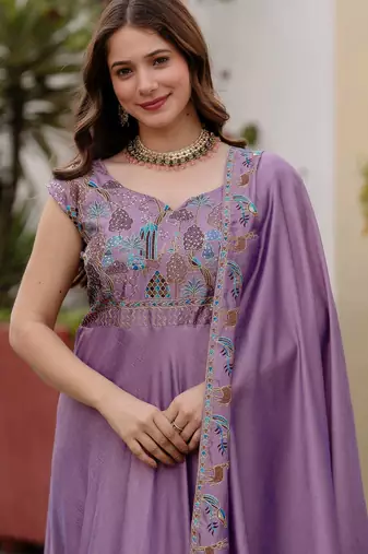 lavender vichitra silk gown with embroidery work