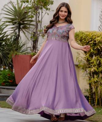 lavender vichitra silk gown with embroidery work 4