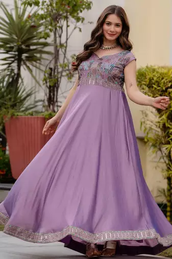 lavender vichitra silk gown with embroidery work