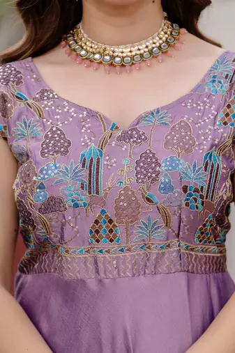 lavender vichitra silk gown with embroidery work