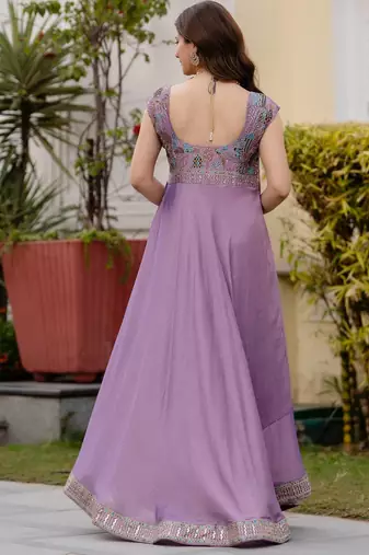 lavender vichitra silk gown with embroidery work