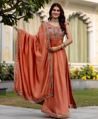orange vichitra silk gown with embroidery work 1