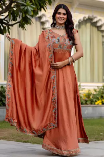 orange vichitra silk gown with embroidery work