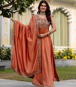 orange vichitra silk gown with embroidery work