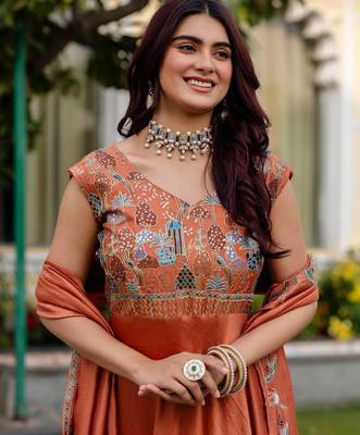 orange vichitra silk gown with embroidery work 4