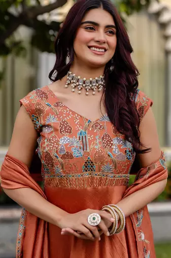 orange vichitra silk gown with embroidery work