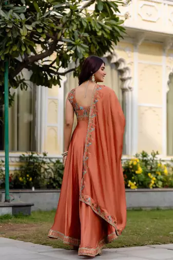 orange vichitra silk gown with embroidery work