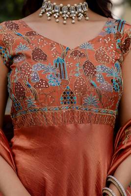 orange vichitra silk gown with embroidery work 6