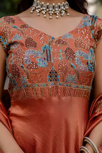 orange vichitra silk gown with embroidery work