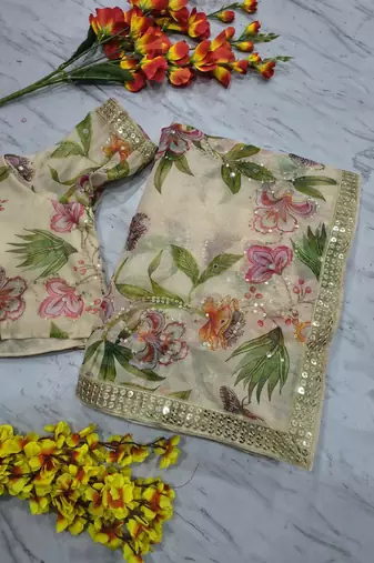 White Color Print And Sequins And  Foil Mirror Work Silk Saree