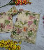 White Color Print And Sequins And  Foil Mirror Work Silk Saree