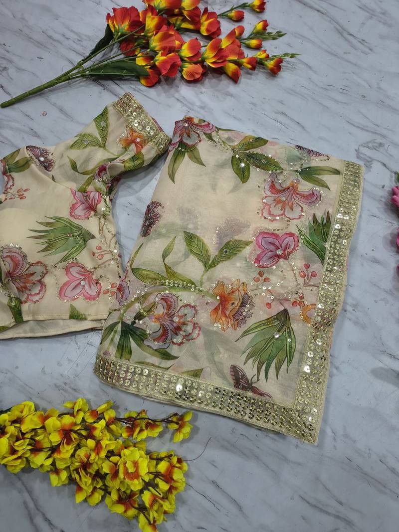 White Color Print And Sequins And  Foil Mirror Work Silk Saree