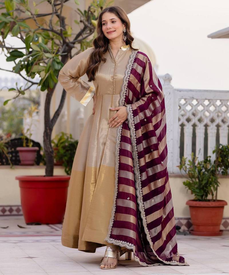 Multi Color Pure Banarasi Viscose Designer Long Gown