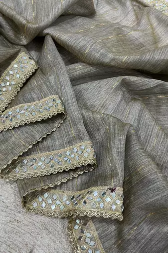 grey jari dori embroidery cotton saree with mirror work