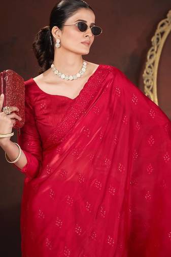 red silk saree with 3mm sequins embroidery