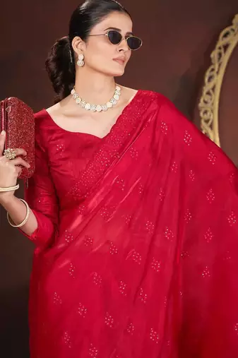 red silk saree with 3mm sequins embroidery